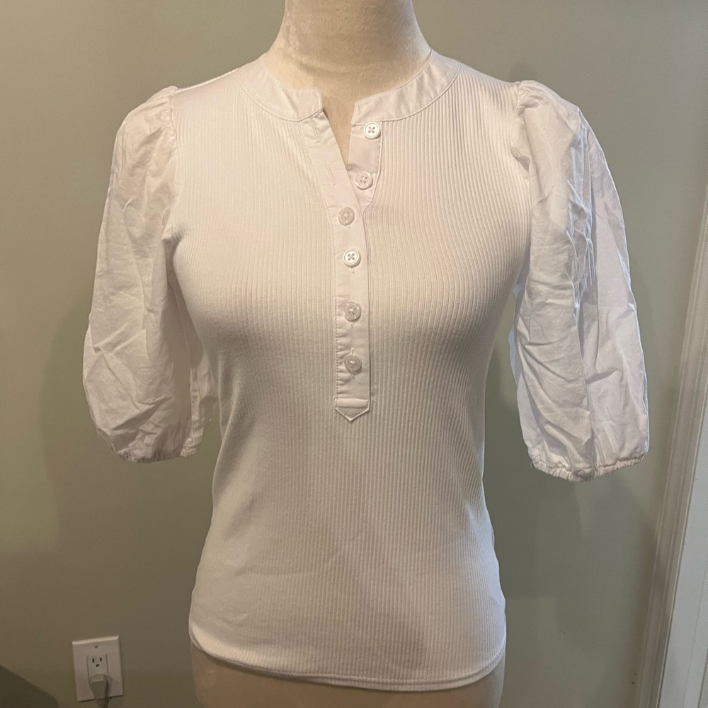 J. Crew Vintage rib puff-sleeve henley white top size xs